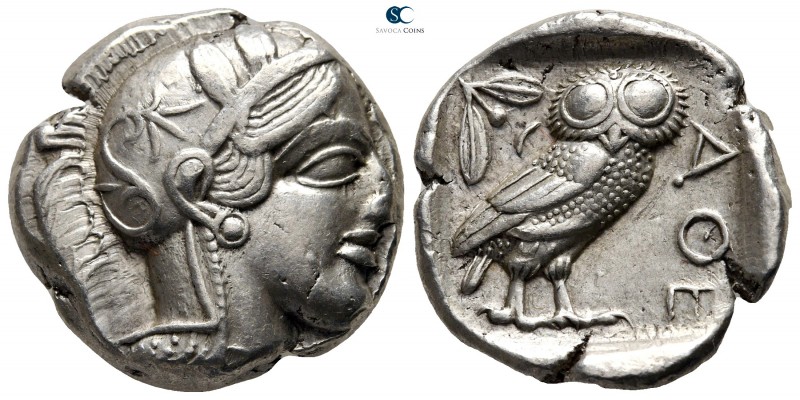 Attica. Athens circa 454-404 BC. 
Tetradrachm AR

24 mm., 17,25 g.

Head of...