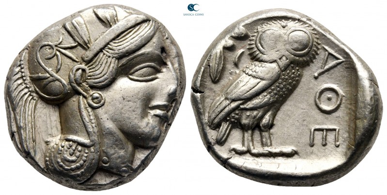 Attica. Athens circa 454-404 BC. 
Tetradrachm AR

24 mm., 17,26 g.

Head of...