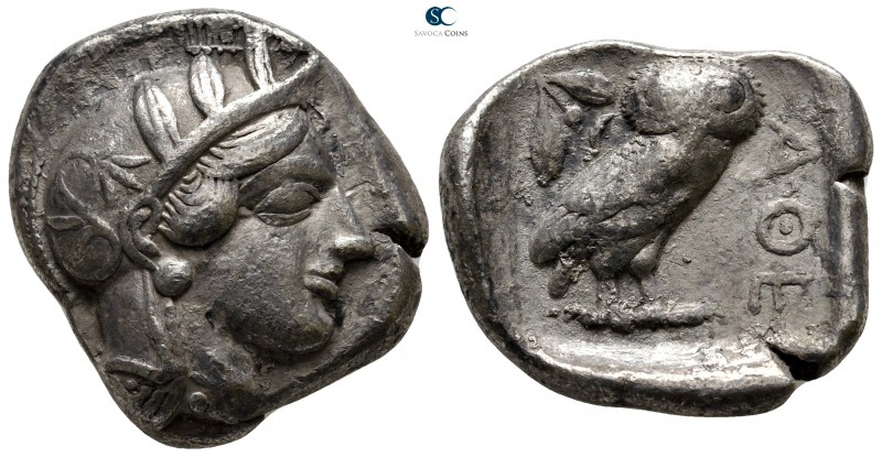 Attica. Athens circa 454-404 BC. 
Tetradrachm AR

27 mm., 16,68 g.

Head of...