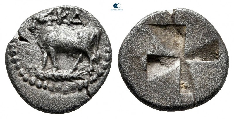 Bithynia. Kalchedon 340-320 BC. 
Trihemiobol AR

10 mm., 1,15 g.

KA, bull ...