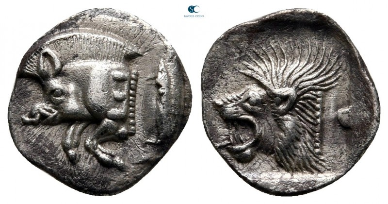 Mysia. Kyzikos circa 525-475 BC. 
Obol AR

12 mm., 0,85 g.

Forepart of boa...