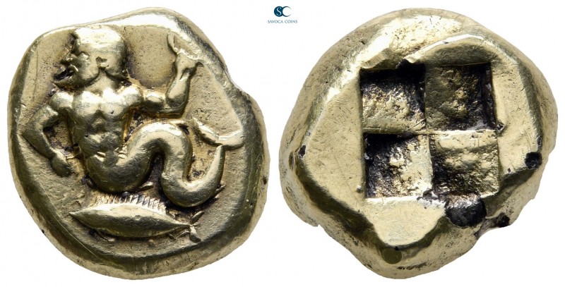 Mysia. Kyzikos 500-480 BC. 
Fourrée Stater EL

20 mm., 14,08 g.

Triton rec...