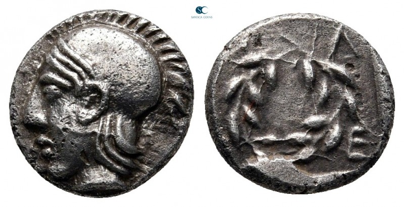 Aeolis. Elaia circa 450-400 BC. 
Diobol AR

10 mm., 1,29 g.

Helmeted head ...