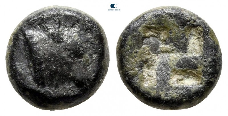 Lesbos. Mytilene 500-450 BC. 
1/10 Stater BI

9 mm., 1,47 g.

Head of calf ...