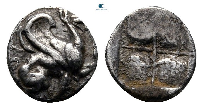 Ionia. Teos circa 500-480 BC. 
Hemiobol AR

7 mm., 0,37 g.

Forepart of Gri...