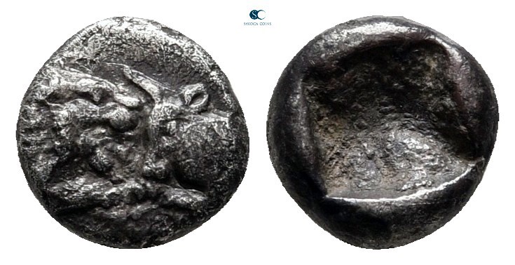 Kings of Lydia. Kroisos 560-546 BC. 
1/12 Stater AR

8 mm., 0,59 g.

Confro...