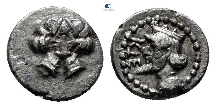 Cilicia. Uncertain mint 380-340 BC. 
Hemiobol AR

6 mm., 0,32 g.

Two femal...