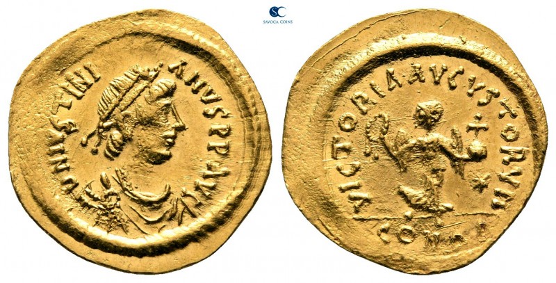 Justinian I AD 527-565. Constantinople
Tremissis AV

17 mm., 1,45 g.

D N I...