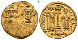 Constans II, with Constantine IV, Heraclius, and Tiberius AD 641-668. Struck AD 661-663. Constantinople. 1st officina. Solidus AV