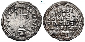 Basil I the Macedonian, with Constantine AD 867-886. Constantinople. Miliaresion AR