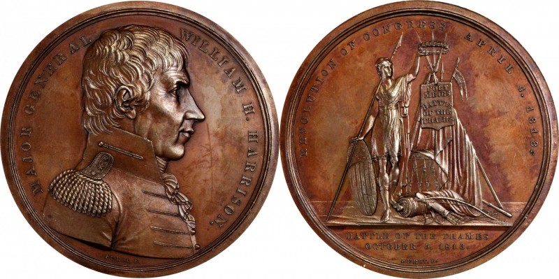 1818 Major General William Henry Harrison Medal. Bronzed Copper. 65.1 mm. Julian...