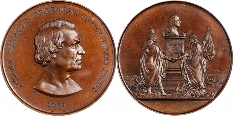 "1865" Andrew Johnson Indian Peace Medal. Medium Size. Bronzed Copper. 63 mm. Ju...
