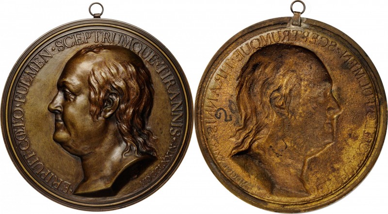 "1779" Benjamin Franklin Plaque. Uniface. Cast Brass. 149 mm. By Jean-Baptiste N...