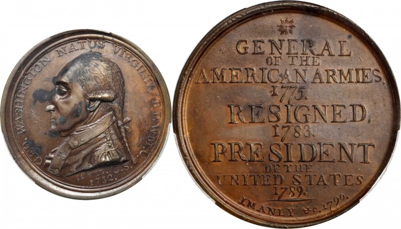 "1790" (ca. 1850) Manly Medal. Second Obverse. Copper. 49 mm. Musante GW-11, Bak...