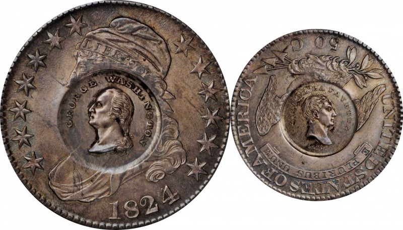 1824 Washington and Lafayette countermarks on an 1824/4 O-110 Capped Bust half d...
