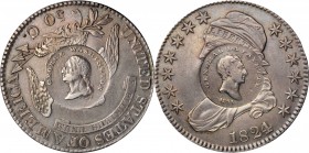 1824 Washington and Lafayette countermarks on an 1824/1 O-101a Capped Bust half dollar. Musante GW-112-C1, Baker-198E. Host coin About Uncirculated, L...