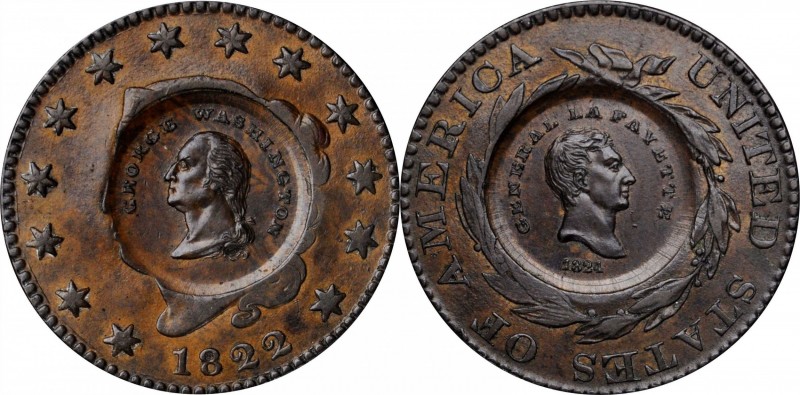 1824 Washington and Lafayette Counterstamps on an 1822 Matron Head cent. Musante...