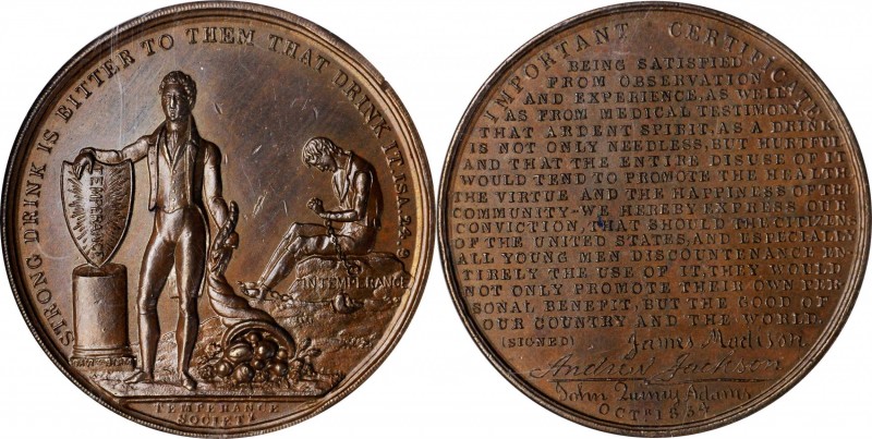 "1834" Temperance Society Statement Medal. Bronze. 43.7 mm. By Joseph Davis, Bir...