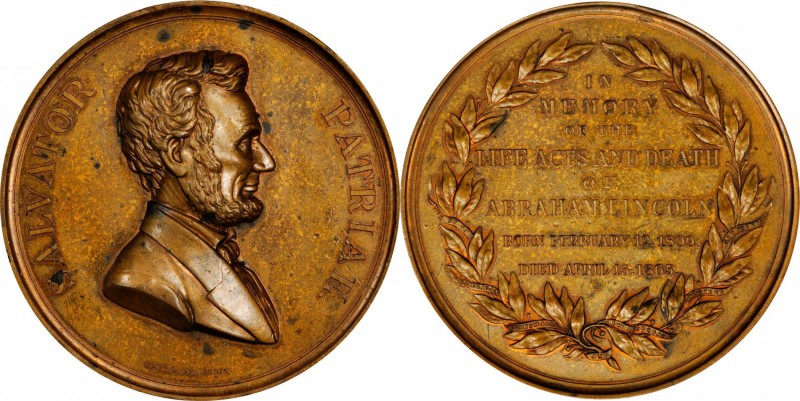 1866 Lincoln Memorial Medal. Original Dies. Bronze. 83 mm, 13 mm thick (greatest...