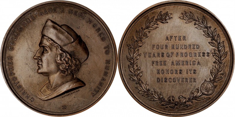 1893 Columbus Quartercentenary Medal. Bronze. 77 mm. By James H. Whitehouse, Eng...
