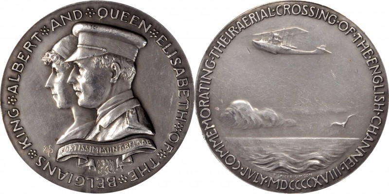 1918 King and Queen of the Belgians Medal. Silver. 64 mm. 94.6 grams. By Theodor...