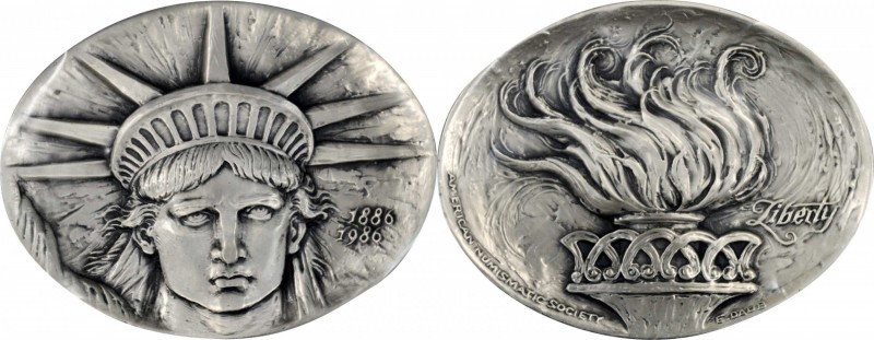 1986 Statue of Liberty Centennial Medal. Silver. 103 mm x 81 mm, oval. 487.6 gra...