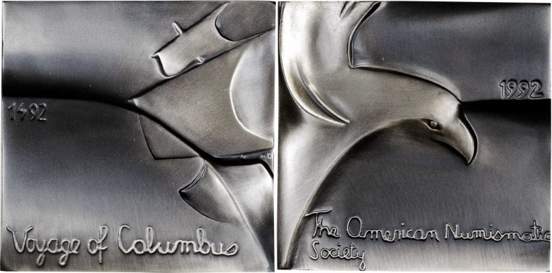 1992 Columbus Quincentenary Plaque. Silver. 68.5 mm, square. 374.2 grams. .999 f...