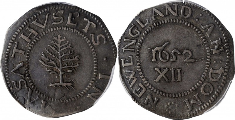 1652 Pine Tree Shilling. Large Planchet. Noe-1, Salmon 1-A, W-690. Rarity-2. Pel...