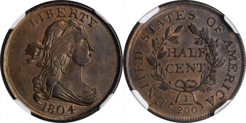 1804 Draped Bust Half Cent. C-13. Rarity-1. Plain 4, Stemless Wreath. MS-62+ BN ...