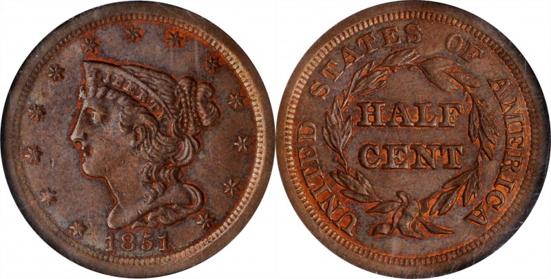 1851 Braided Hair Half Cent. C-1, the only known dies. Rarity-1. MS-65 BN (NGC)....