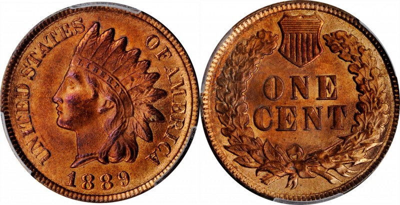 1889 Indian Cent. MS-66 RD (PCGS).

Exceptionally beautiful surfaces are richl...