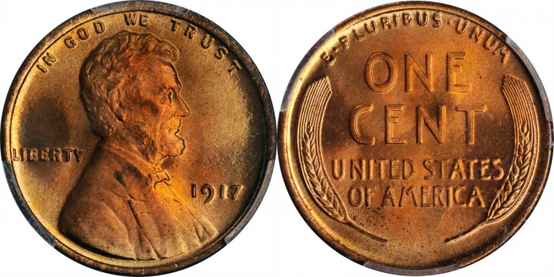 1917 Lincoln Cent. MS-67+ RD (PCGS).

This beautiful Superb Gem features vivid...