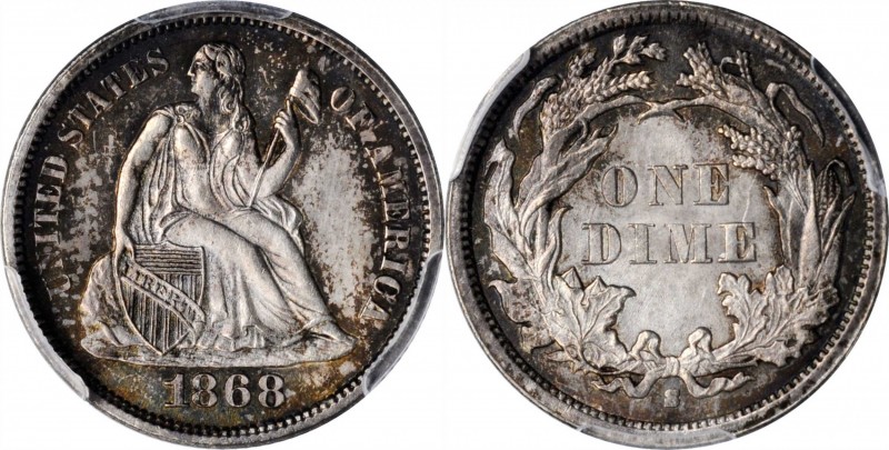 1868-S Liberty Seated Dime. Fortin-101a. Rarity-6. MS-65 (PCGS).

Mottled russ...