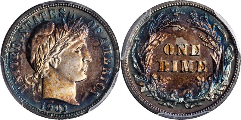 1901 Barber Dime. Proof-65 (PCGS).

This lovely piece exhibits rich cobalt blu...