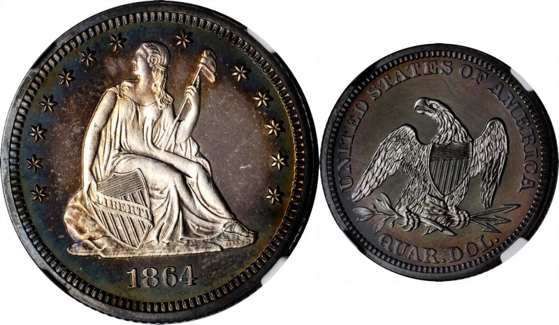 1864 Liberty Seated Quarter. Proof-66 Cameo (NGC).

Direct lighting reveals ha...