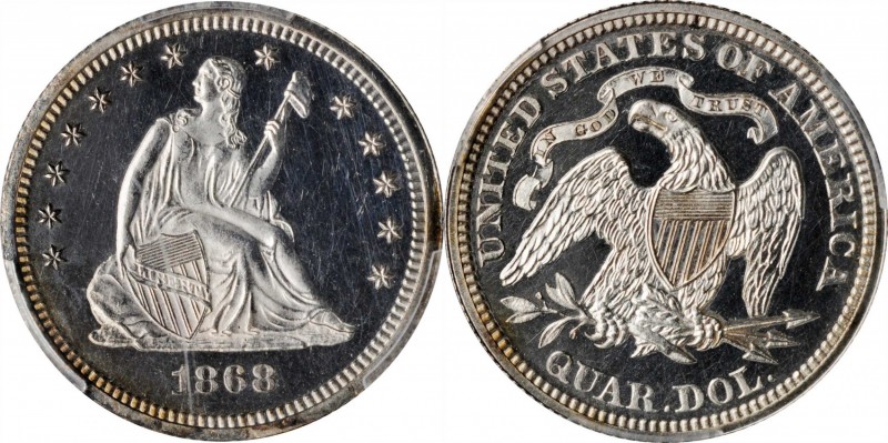 1868 Liberty Seated Quarter. Proof-62 Cameo (PCGS).

Minimally toned with a ge...