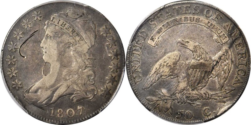 1807 Capped Bust Half Dollar. O-111b. Rarity-5. Large Stars, 50/20, Bearded Godd...