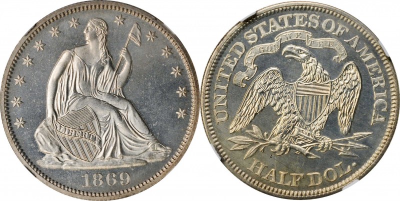 1869 Liberty Seated Half Dollar. Proof-65 (NGC).

Untoned apart from blushes o...