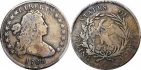 1795 Draped Bust Silver Dollar. BB-51, B-14. Rarity-2. Off-Center Bust. VG-8 (PCGS).

Richly toned overall, blushes of steel-blue and reddish-russet...