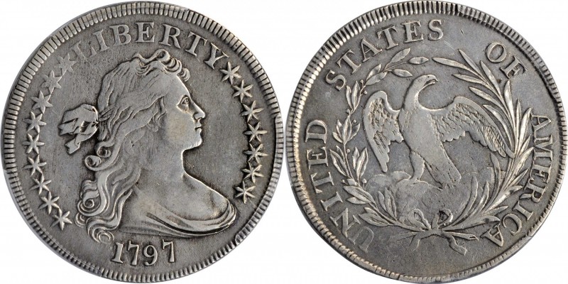 1797 Draped Bust Silver Dollar. BB-73, B-1a. Rarity-3. Stars 9x7, Large Letters....