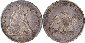 1841 Liberty Seated Silver Dollar. OC-4. Rarity-1. AU-58 (PCGS).

A richly toned example, both sides are bathed in a blend of pewter gray, pale lila...