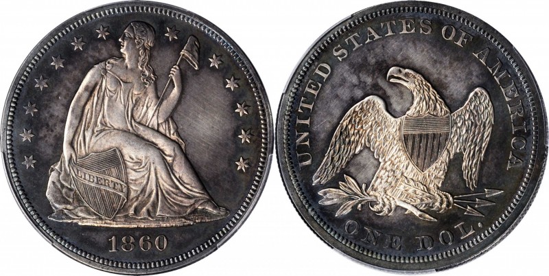 1860 Liberty Seated Silver Dollar. Proof-63 (PCGS).

Warm pewter gray central ...