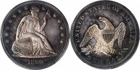 1860 Liberty Seated Silver Dollar. Proof-63 (PCGS).

Warm pewter gray central toning gives way to blended steel-olive and charcoal-blue iridescence ...