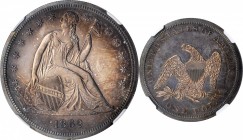 1862 Liberty Seated Silver Dollar. Proof-62 (NGC).

A desirable Proof dollar with deep blue-violet and bronze patina that yields lighter peach hues ...