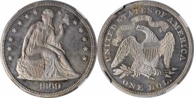 1869 Liberty Seated Silver Dollar. OC-P3. Rarity-4. Doubled Die Reverse. Proof-64 (NGC).

Wisps of iridescent olive-copper and sandy-gold toning enh...
