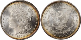 1879 Morgan Silver Dollar. MS-66 (PCGS).

Highly lustrous, frosty surfaces are brilliant apart from thin halos of iridescent reddish-gold and cobalt...