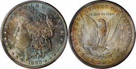 1880-O Morgan Silver Dollar. VAM-4. Top 100 Variety. 80/79, Micro O, Crossbar Overdate. MS-64 (PCGS).

Splashed with rich cobalt blue, olive-copper ...