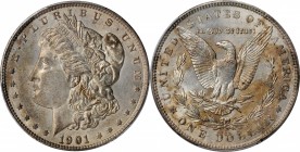 1901 Morgan Silver Dollar. AU-58 (PCGS).

Otherwise silver-gray surfaces are enhanced by splashes of sandy-apricot patina that are bolder and more e...