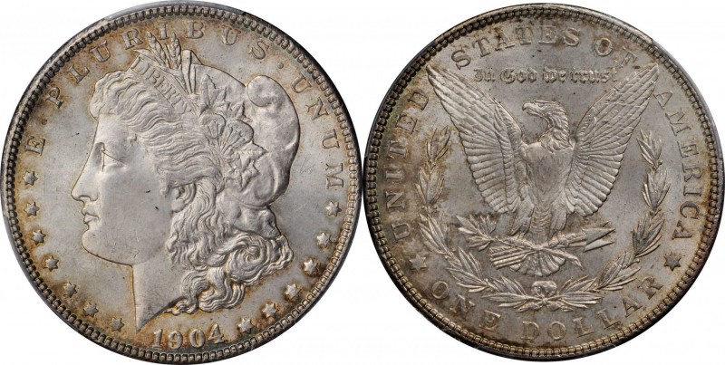 1904 Morgan Silver Dollar. MS-65 (PCGS).

Soft pearl gray patina is seen on bo...