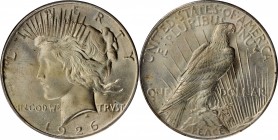 1926 Peace Silver Dollar. MS-66+ (PCGS).

This handsome premium Gem 1926 Peace collar is brilliant apart from the lightest gold and olive-russet tin...